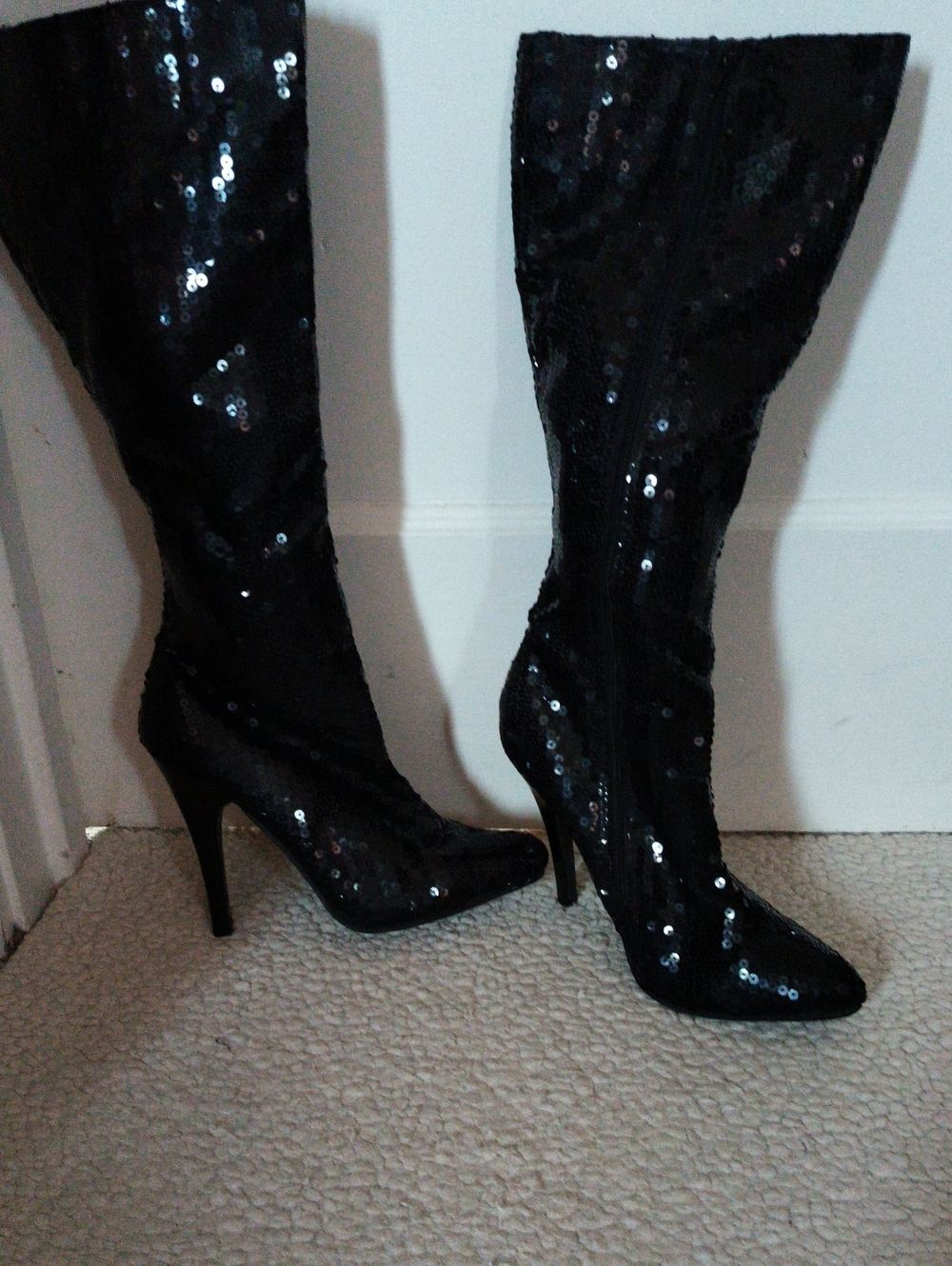 Black Sequin Knee-High Stiletto Boots - Women's